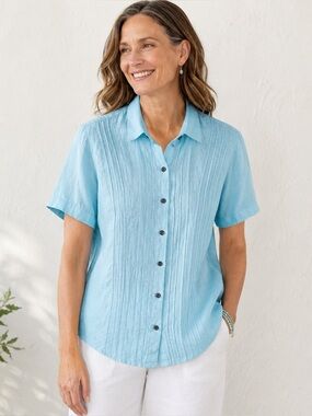 J. Jill Linen Pleated Short Sleeve Blouse Sea-glass Blue Size Medium